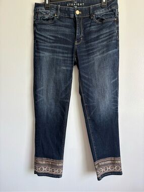 White House Black Market Straight Embroidered gold Hem Dark Blue Denim crop 8